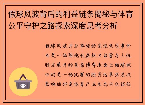 假球风波背后的利益链条揭秘与体育公平守护之路探索深度思考分析